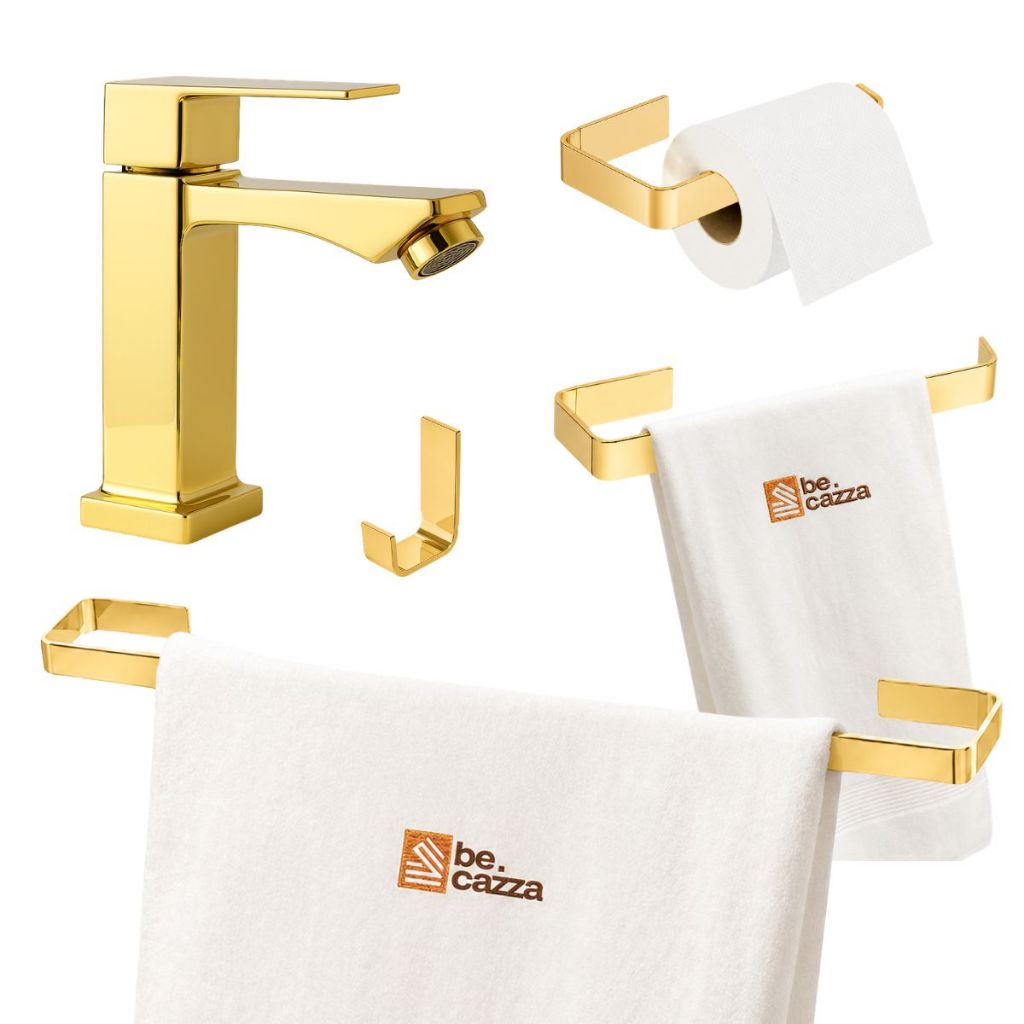 Kit Acessórios Banheiro Dourado Gold 4 Peças + Torneira Baixa Metal Banhado Pia