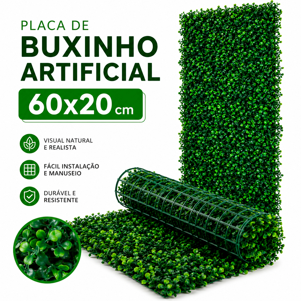Placa Buxinho Artificial 60x20cm Painel Verde Jardim Vertical Placa Folhagem Decorativa Muro Inglês