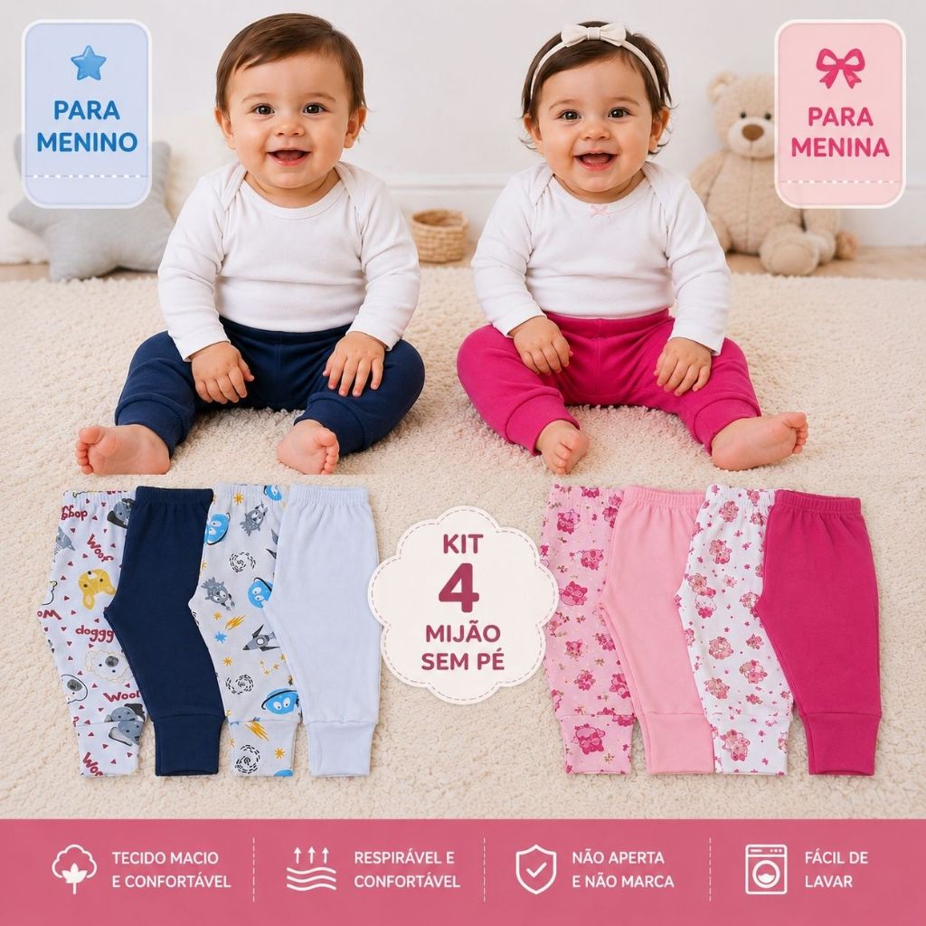 Kit 4 Calças Mijão Sem Pé Bebê Menino e Menina Confortável