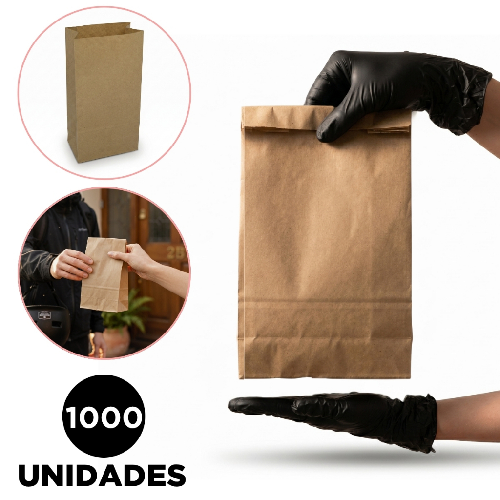 1000 Sacos De Papel Kraft 25 x 13 x 7 cm Tamanho PP Delivery Hamburguer Lanches