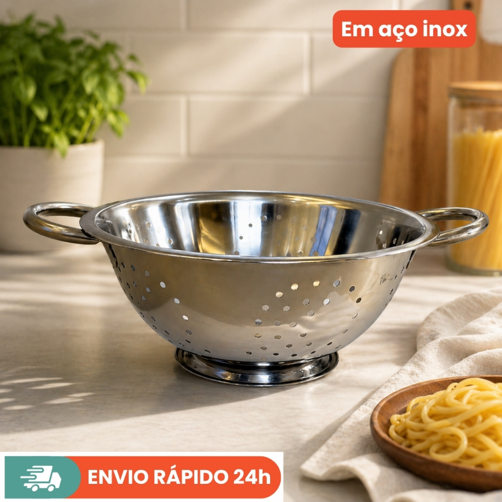 Escorredor de Massa Macarrão Inox – Utensílio Resistente Profissional Cozinha
