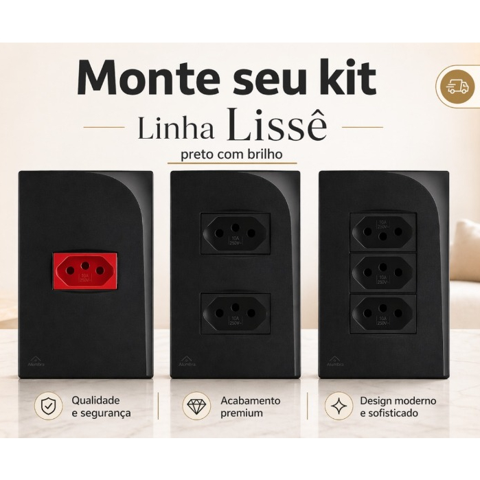 Tomada 10a, 20a, interruptor, paralelo, placa cega, tomada dupla 4x2 Linha Lissê Preto brilhante