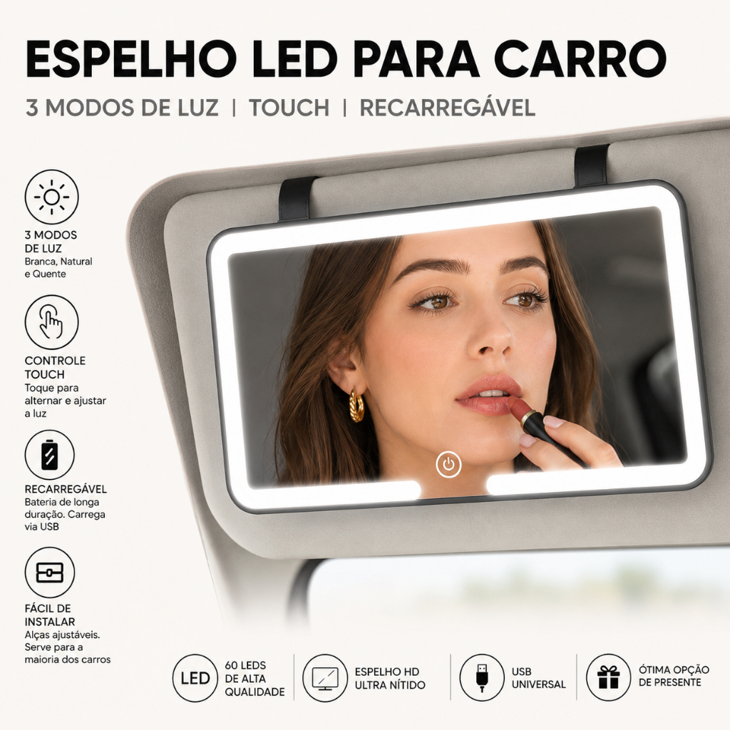Espelho LED para Quebra Sol de Carro 3 Modos de Luz Recarregável Touch Branco Quente e Frio