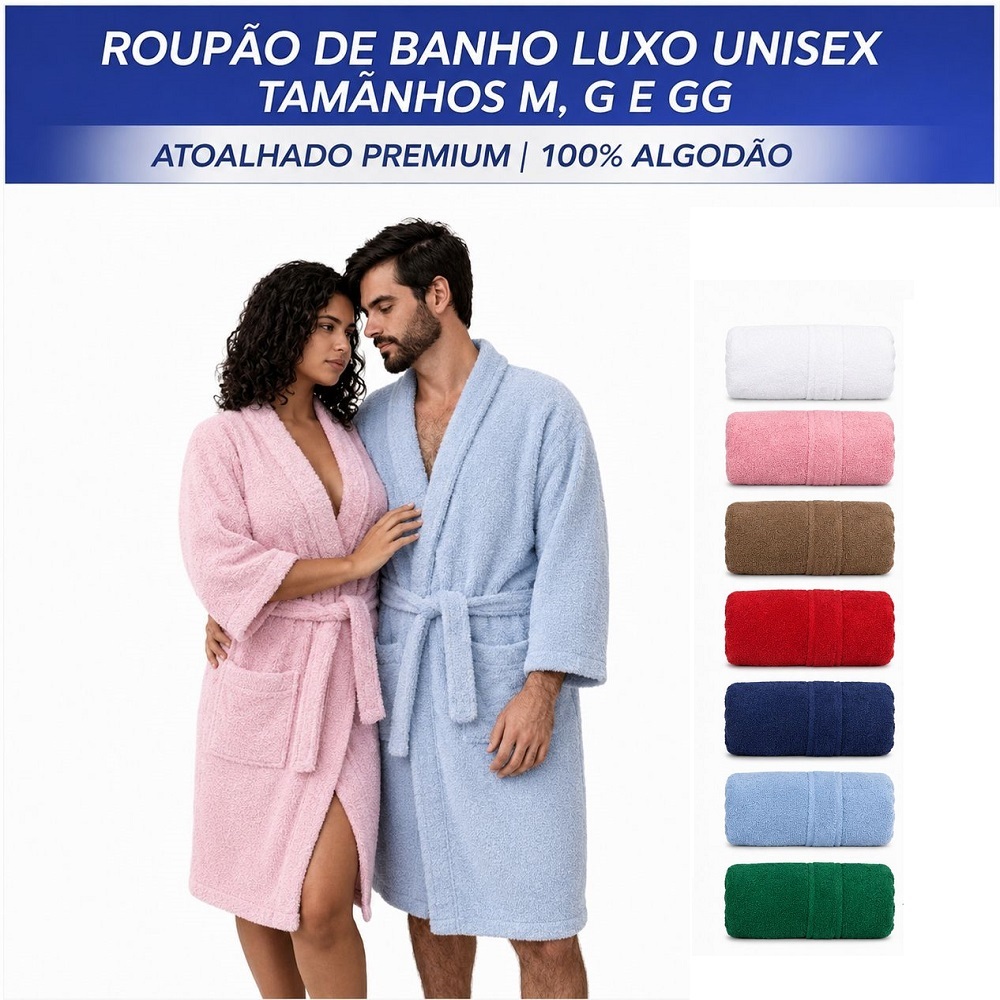 Roupão De Banho Atoalhado 100% Algodão M, G, GG Premium Adulto Unissex Macio Confortável Banheiro Piscina