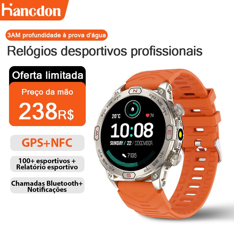 Relógio Inteligente Masculino Hancdon 1.43" AMOLED GPS+NFC Chamada Bluetooth 100+ Esportes 3ATM Android/IOS