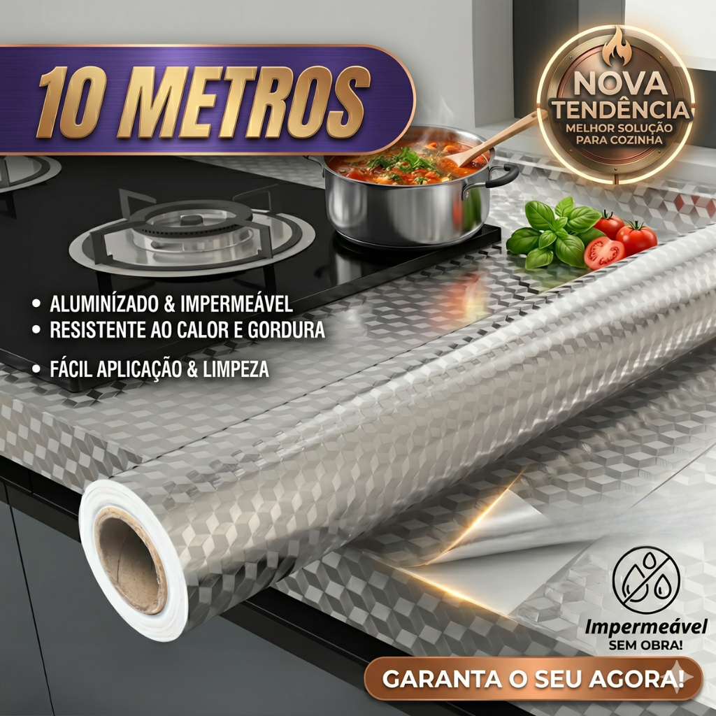 Papel Adesivo Aluminio 3m, 5m, 6m, 10m  Metalizado Antimofo Impermeavel Cozinha Movies Sala Bancada