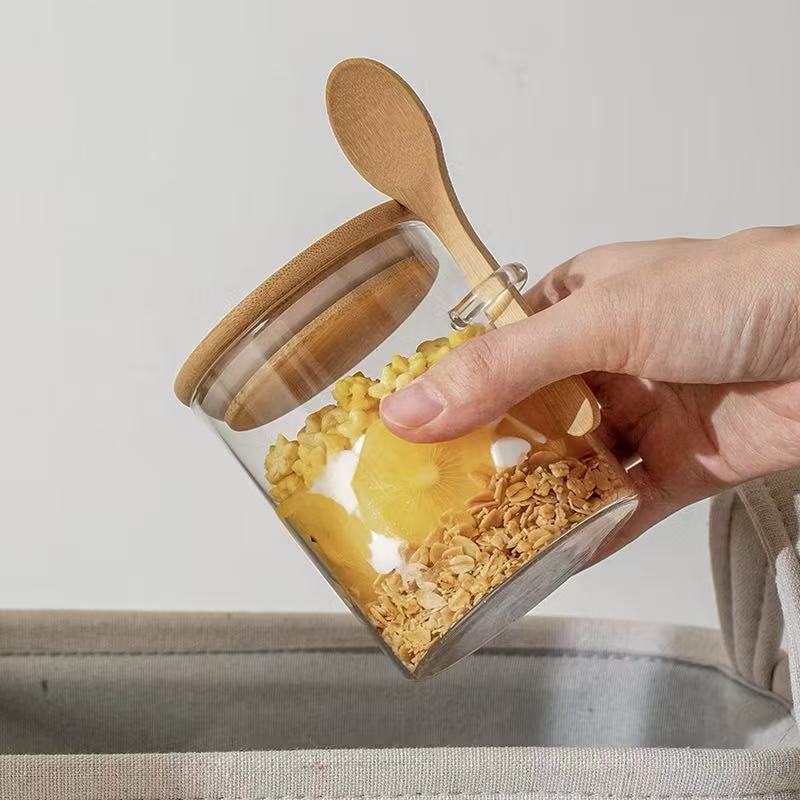 Pote De Vidro Borossalicato 450ml Com Tampa e Colher de Bambu Organização de Temperos 8674