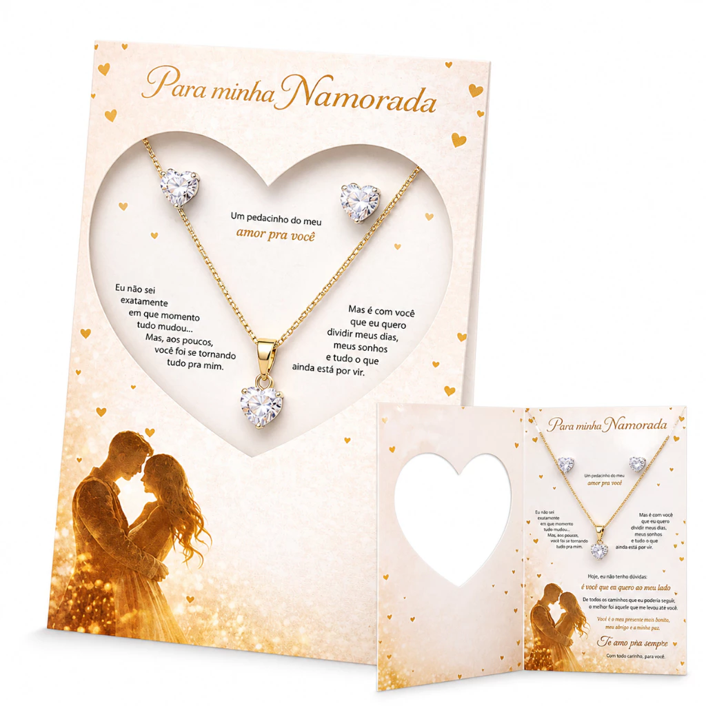 Colar e Brinco Feminino Dourado com Cartão Dia dos Namoras Noiva Mulher Esposa Presente Perfeito — imagem 1