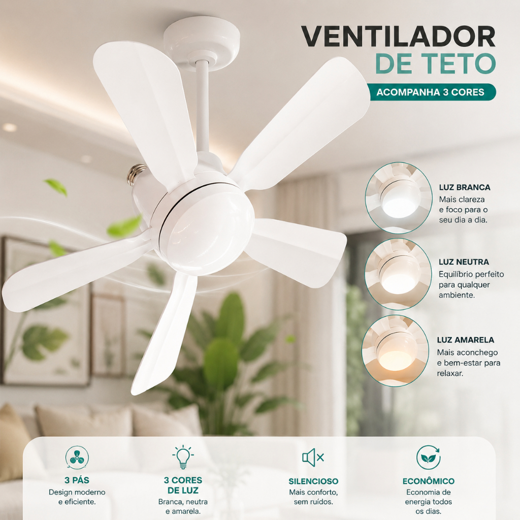 Ventilador Luminária de Teto 30W  Silencioso Lâmpada Led Bulbo E27 Controle Remoto 5 Pás