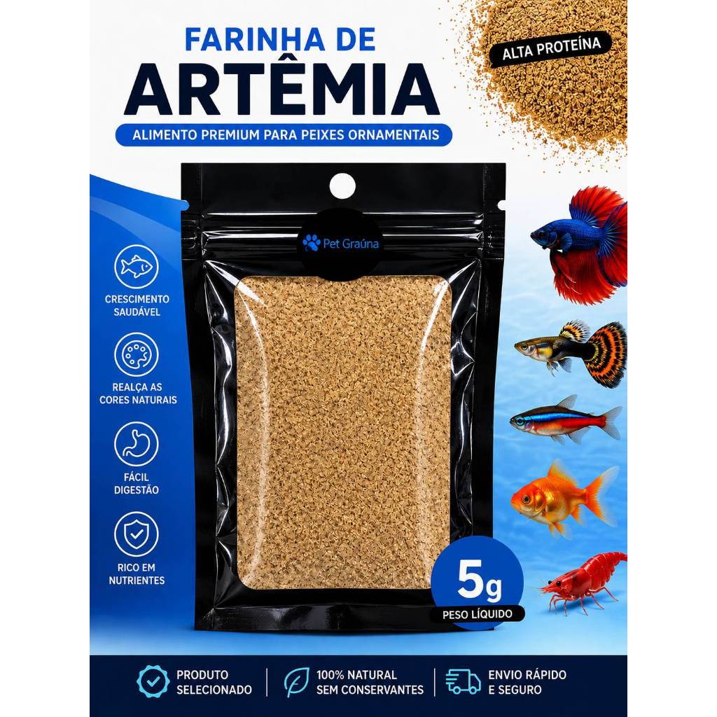 Farinha de Artêmia Premium 5g Alta Proteína Para Peixes Betta Guppy Corais e Camarões