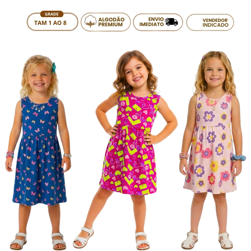 Kit 4 Vestidos Infantis Menina Algodão Verão Regata e Alcinha Macio Dia a Dia Preço Atacado Lote Fresquinho 1 ao 8 anos