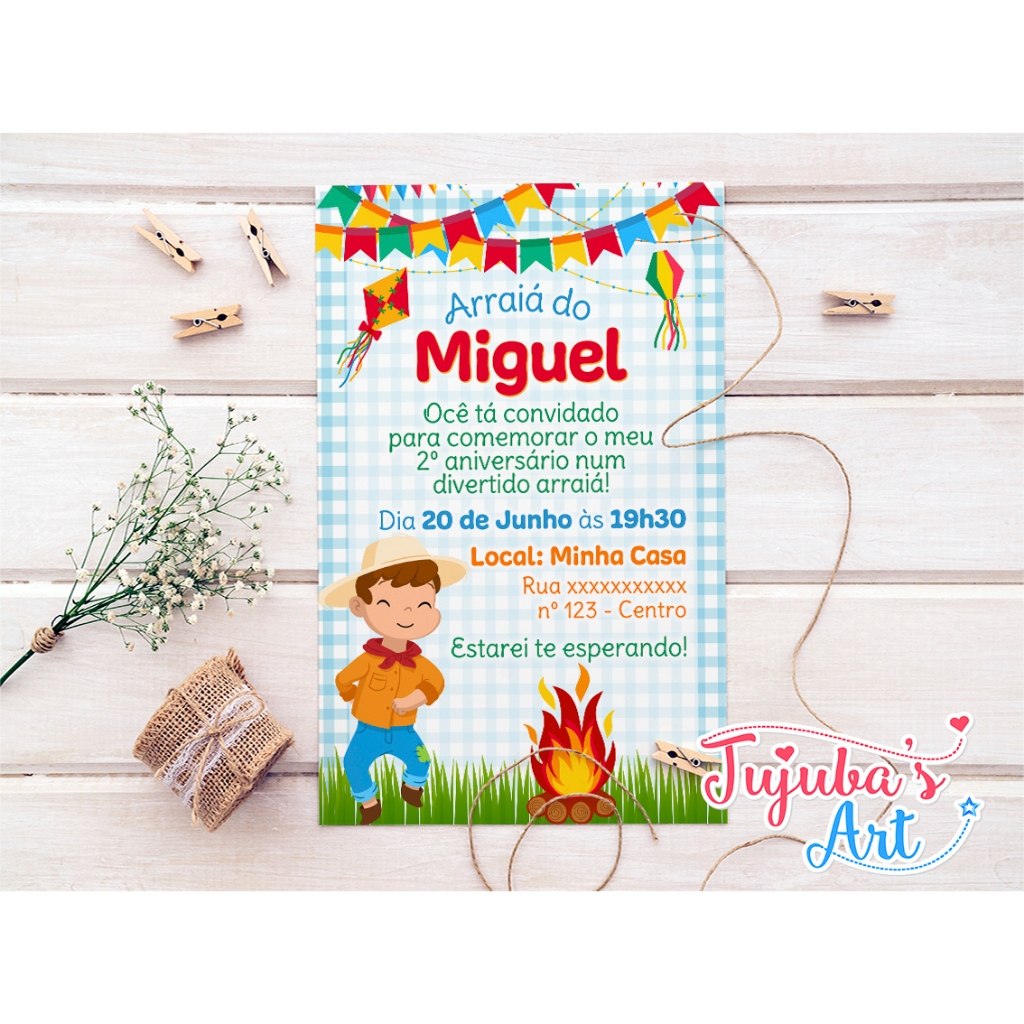 Convite de Aniversário Infantil Personalizado tema Festa Junina para Menino