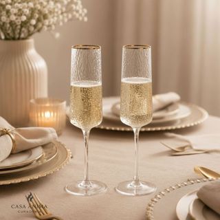 Jogo Taças Champanhe Cristal Fio de Ouro 2Peças 300ml Lyor Taça de Champagne Taça Dourada Taça Festa Taça Taça Cristal