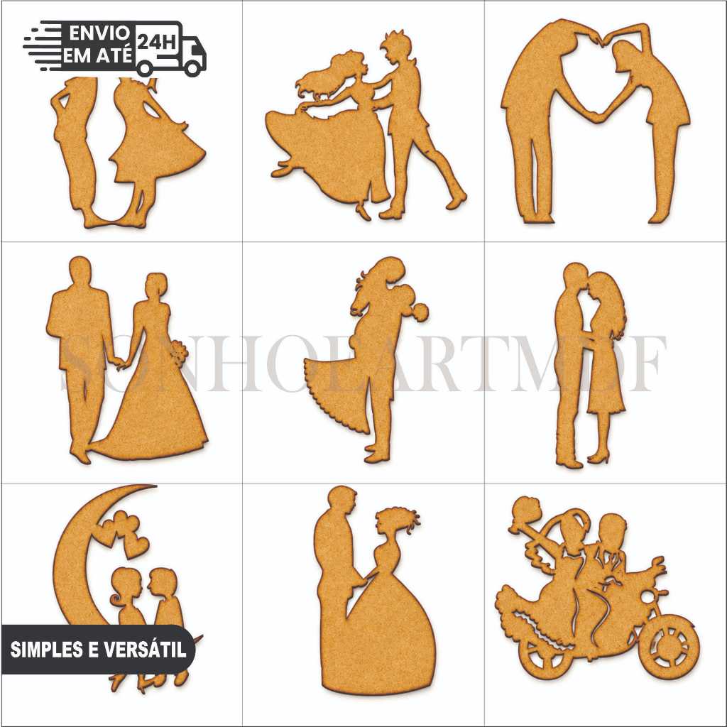 Aplique Noivos MDF Cru 2.8mm Corte Laser Kit 30 Unidades Artesanato Scrapbook Lembrancinha Casamento Decoração Festa DIY