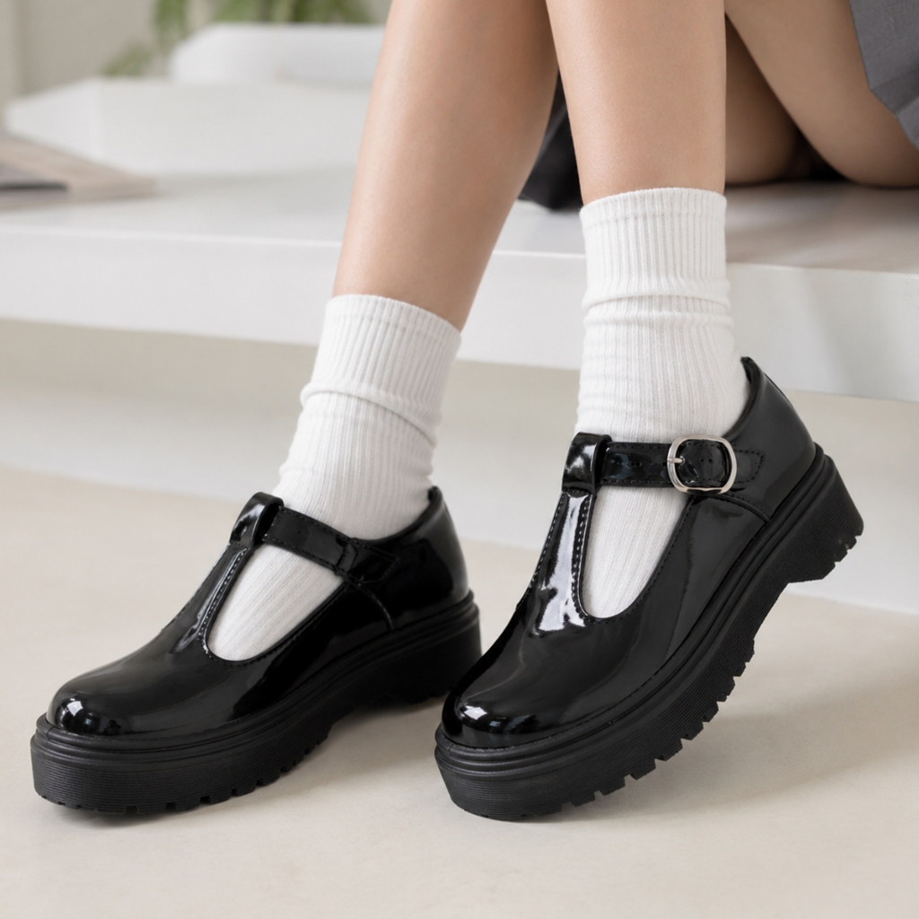 Sapato Mary Jane Feminino Boneca Colegial Dorama Vandinha Preto Verniz Macio Confortável Fashionista