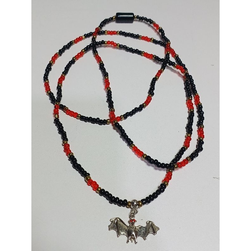 Guia Fio de Contas Exu Morcego, Preto, Vermelho, Dourado, Miçanga, Proteção, Umbanda