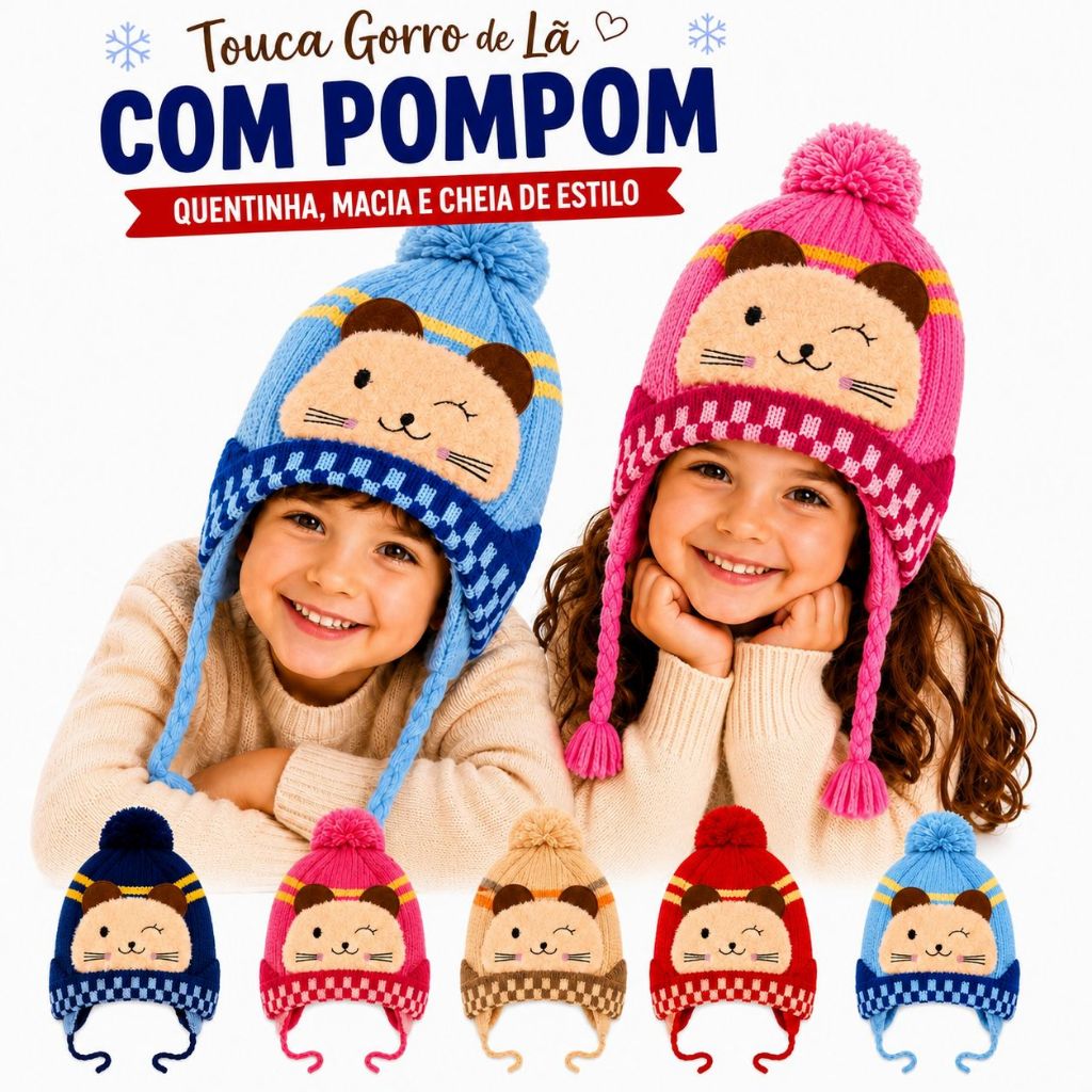 Touca Gorro Lã Inverno Forrada Com Pompom Infantil Menino Menina