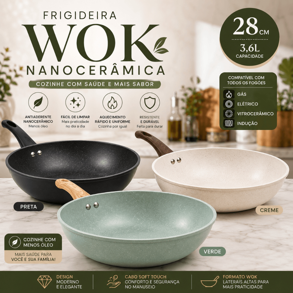 Frigideira Wok Cerâmica 28cm Antiaderente Compatível Indução Gás Elétrico 3,6 Litros