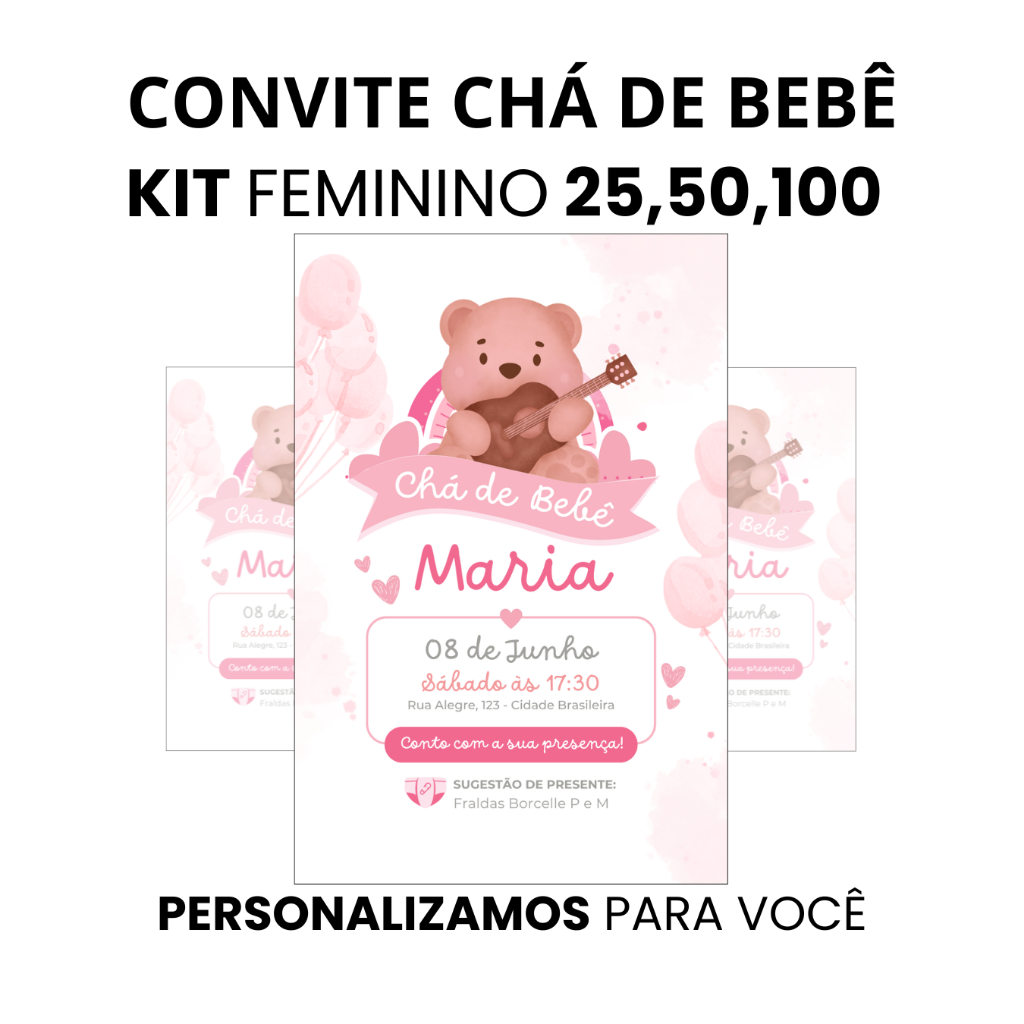 Convite personalizado chá de bebê menina rosa delicado, papel fotográfico glossy alta qualidade