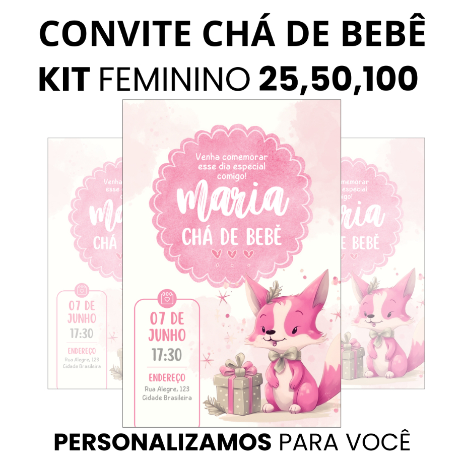 Convite chá de bebê menina tema fofo rosa personalizado com impressão colorida papel glossy