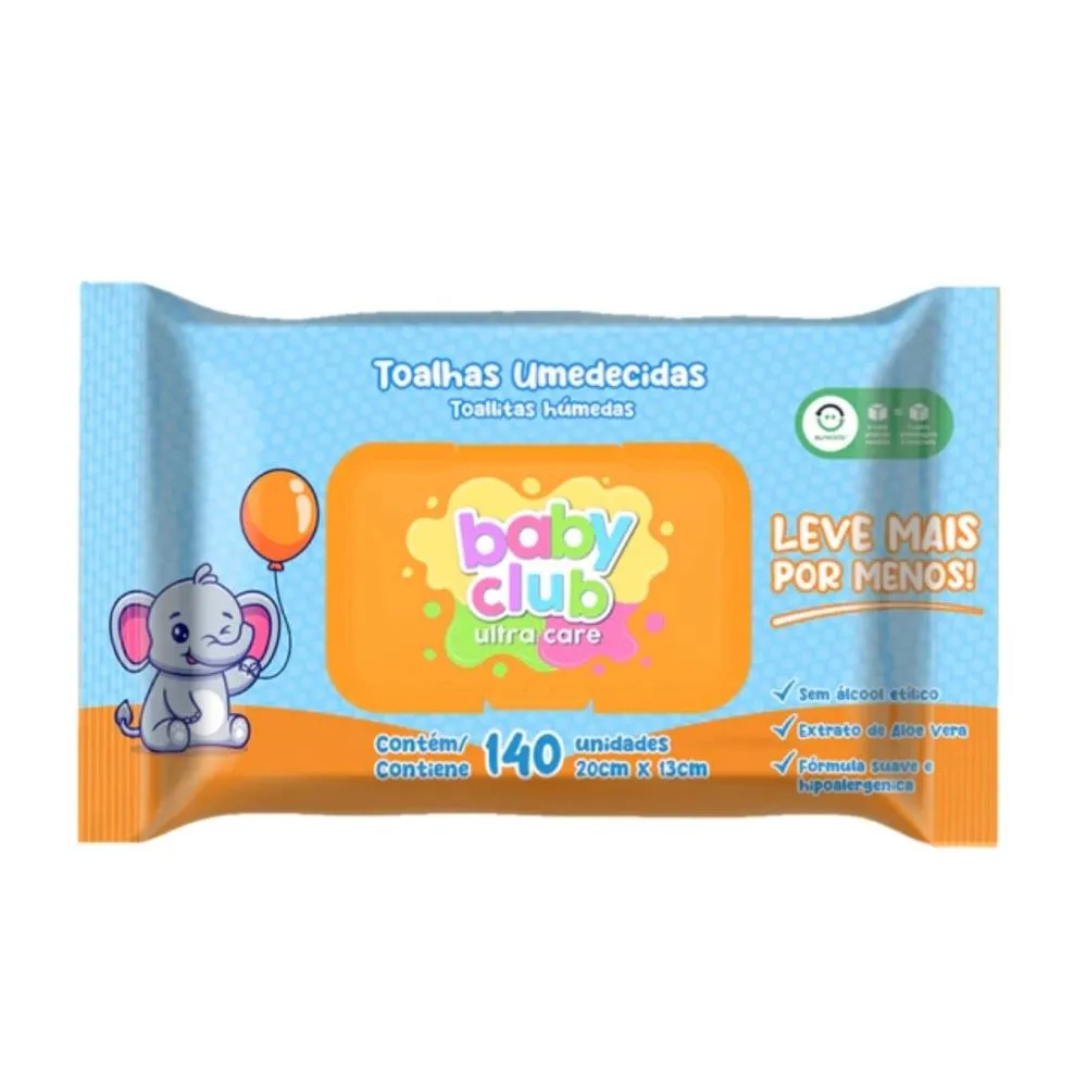 Toalhas Umedecidas Baby Club Ultra Care 140 Unidades Com Aloe Vera Sem Álcool Limpeza Suave