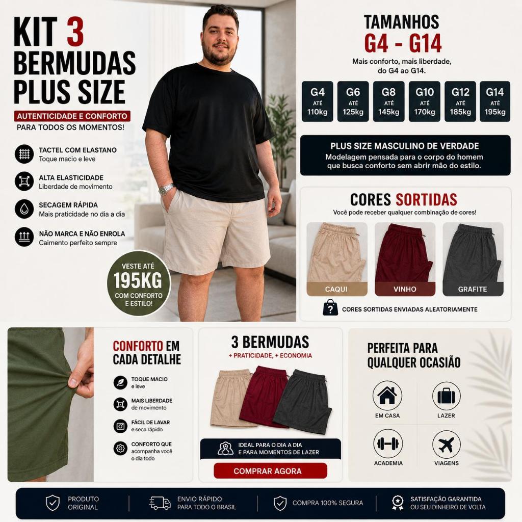 kit 3 Bermudas Plus Size Masculina Tactel Elastano G4 ao G14 Cores Sortidas