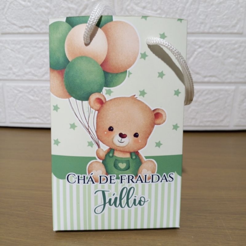 Sacolinha Surpresa Ursinho Verde Aquarela | Chá de Bebê Menino | Lembrancinha Personalizada | Pegue e Monte
