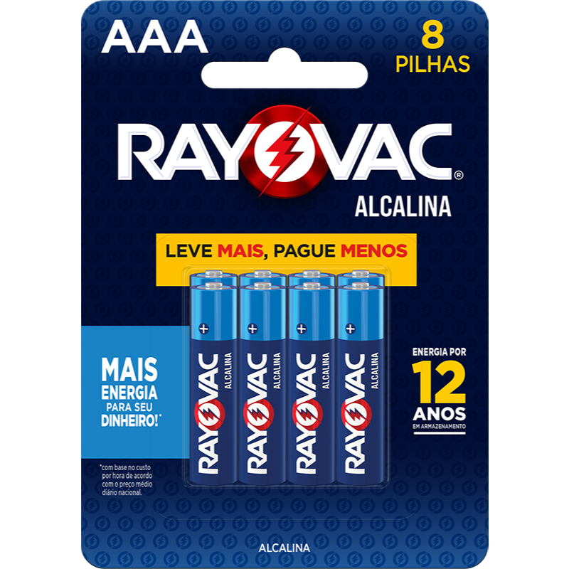Pilha Alcalina AAA Rayovac Bateria 3A Palito 8 unidades