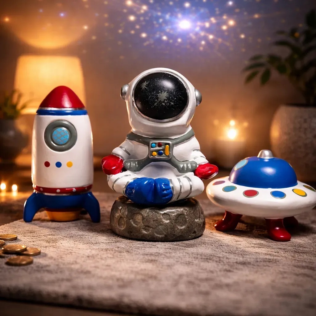 Trio Espacial Cofrinho Foguete Nave e Astronauta de Ceramica