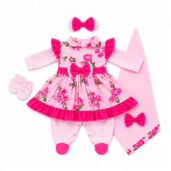 Saída de Maternidade com Vestido Bebê Menina Pompom 5 Peças Vestido Manta Tiara Roupa de Bebe