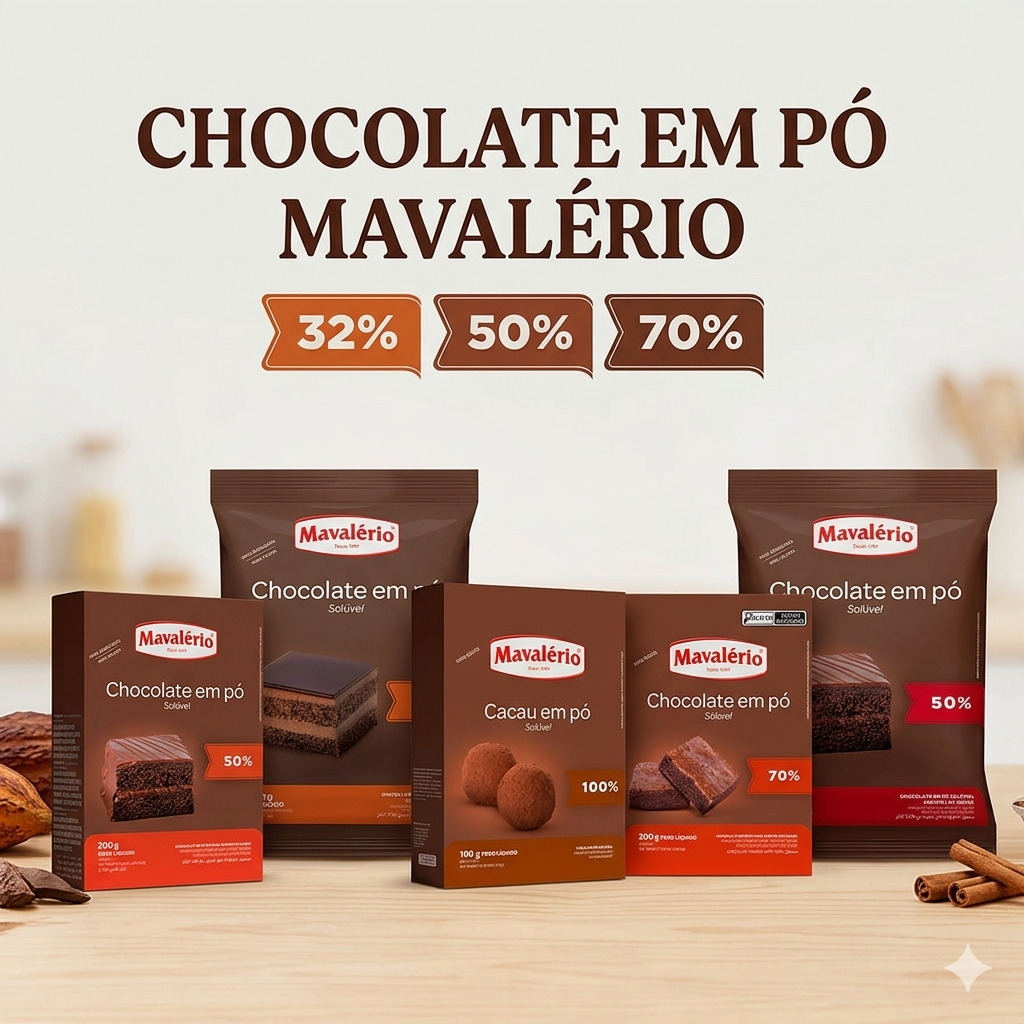 Chocolate em Pó Mavalério 32% 50% 70% 100% Cacau 200g 500g 1,01kg Confeitaria Bolo Brigadeiro