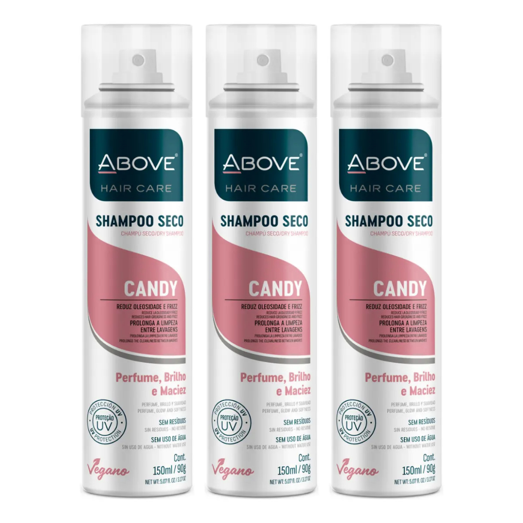 Shampoo a Seco Above 150ml Candy 3 Unidades Kit Cuidado Cabelo Perfumado Limpeza Hair Care Promoção