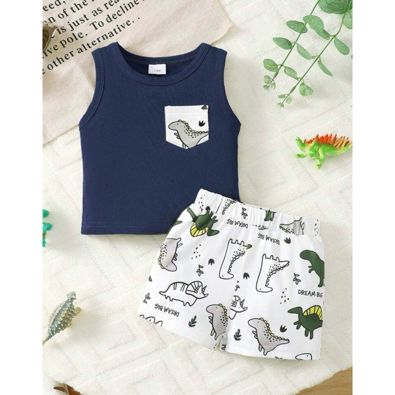 BrownBark 2 Peças Conjunto Casual Macio e Confortável para Meninos Bebês, Regata com Gola Careca com Estampa Fofa