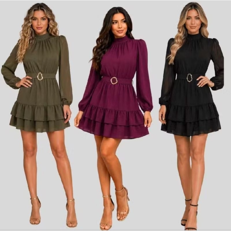 Vestido Curto Femenino Casual Chic Gola Alta Manga Longa com cinto