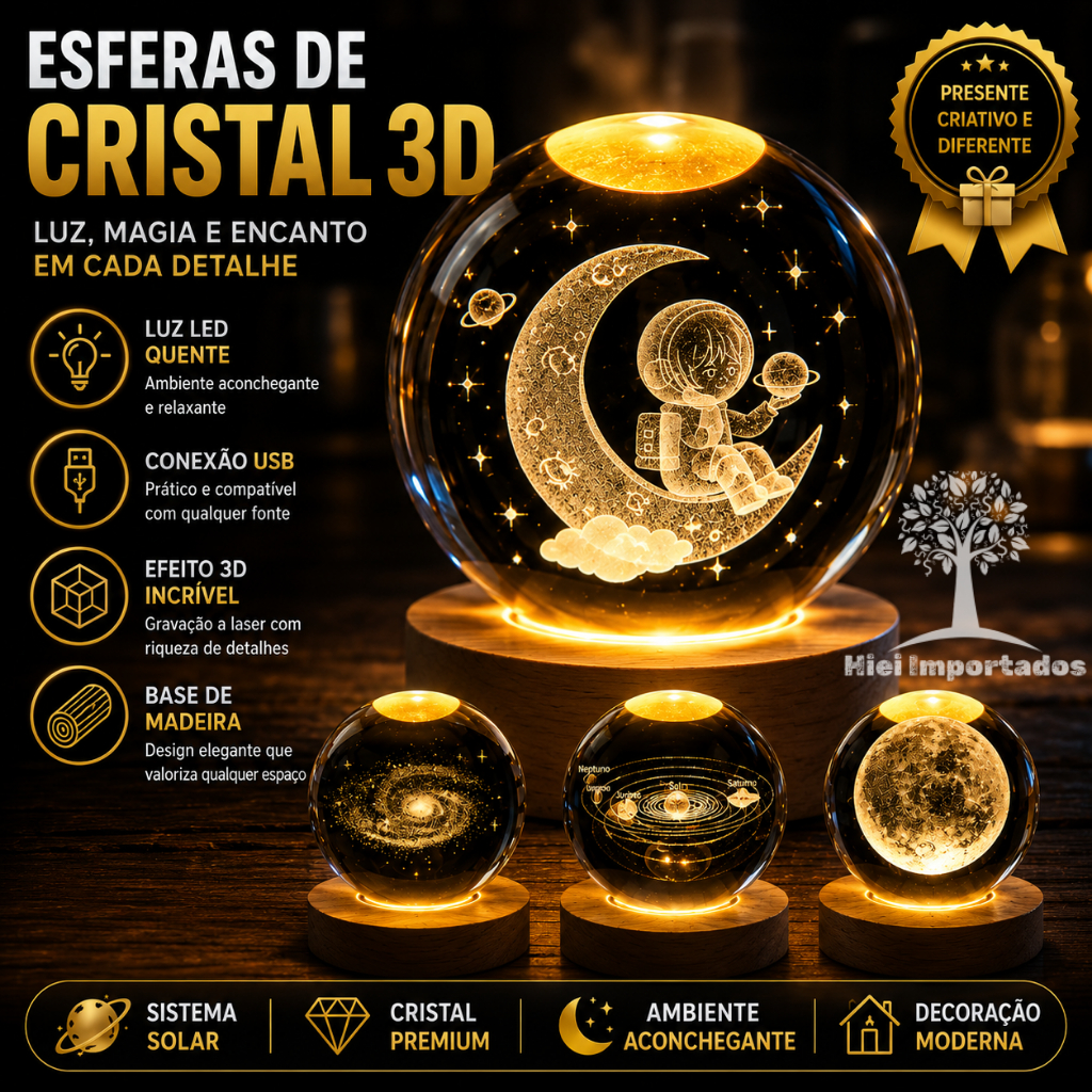 Luminária Globo de Cristal 3D LED USB Luz Noturna Decorativa Base Madeira - ENVIO IMEDIATO