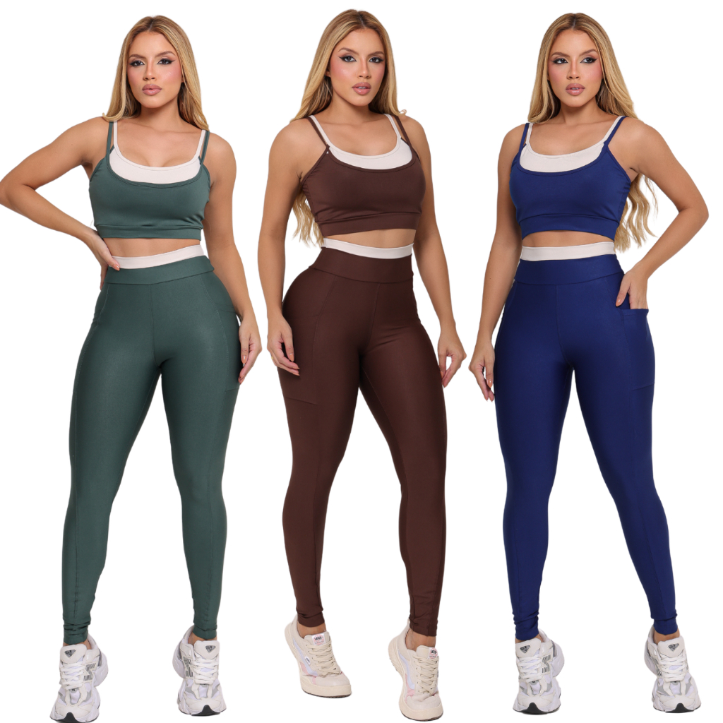 Kit 3 Conjuntos Feminino Legging Academia Cós Alto Top Fitness Sem Transparência Alta Compressão Moda Fitness Luxo