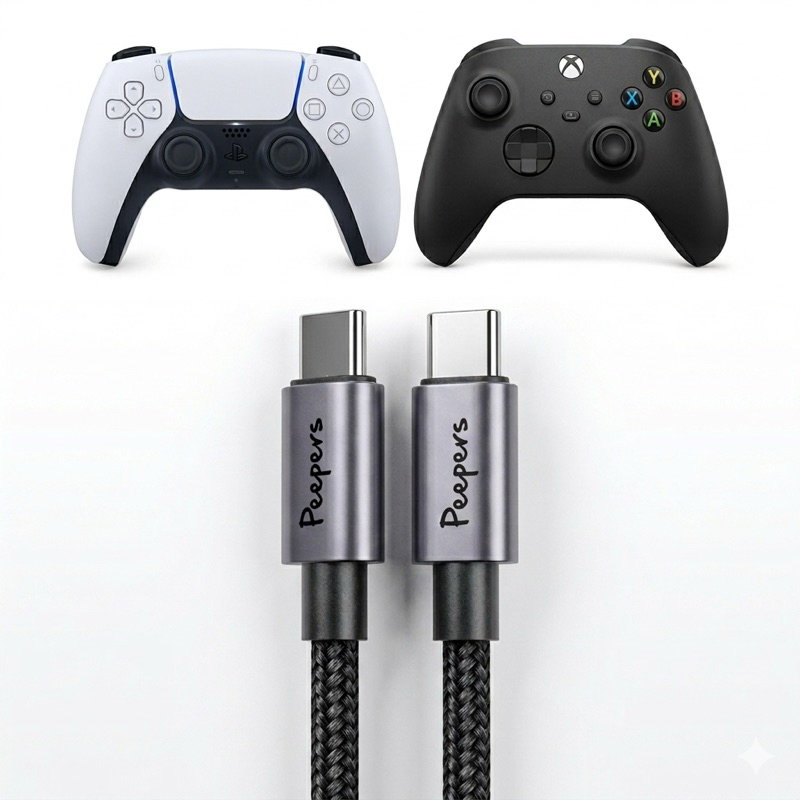 Cabo USB-C 3 Metros para Controle PS5 Xbox Series Peepers | Carregamento Rápido Gamer Nylon Trançado 3.1A Envio Full