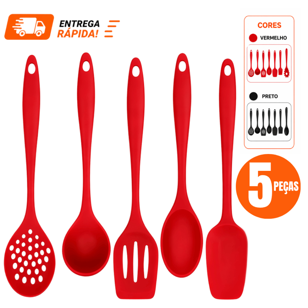Kit 5 Peças Utensilios de Silicone para Cozinha Colher Arroz Espatula Curva Espatula Vazada e Reta Concha Feijão