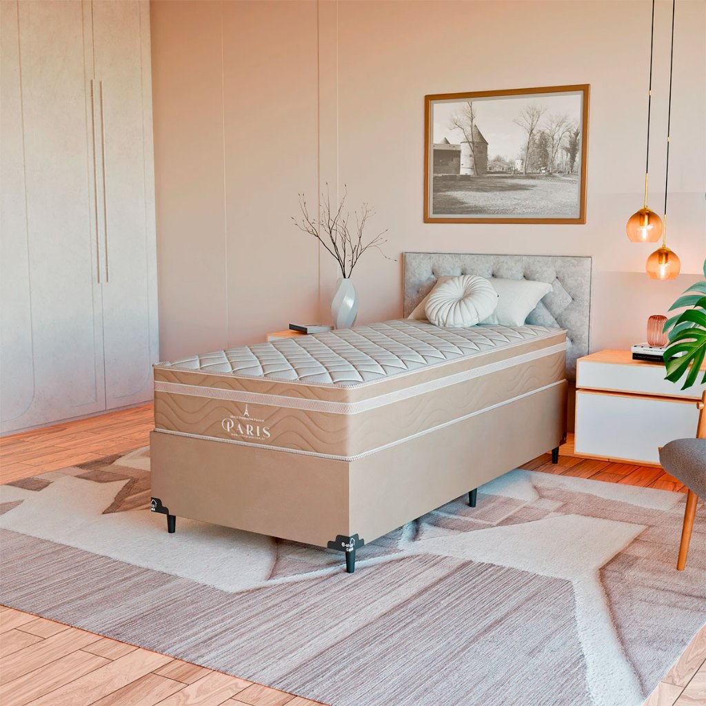 Cama Box Solteiro Bege + Colchão Paris Molas Ensacadas Bege