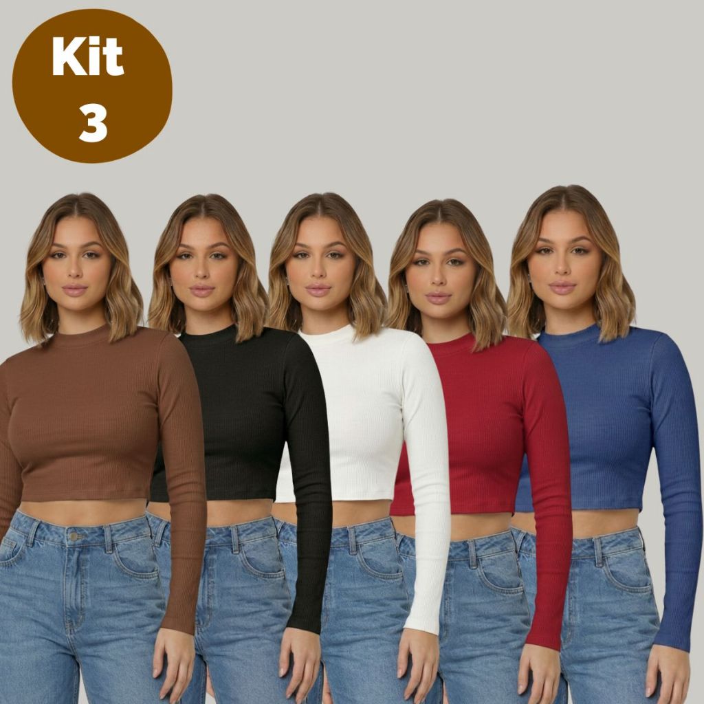 Kit 3 Croppeds Ribana Manga Longa  Sortidos Moda Feminina Estilo Blogueira