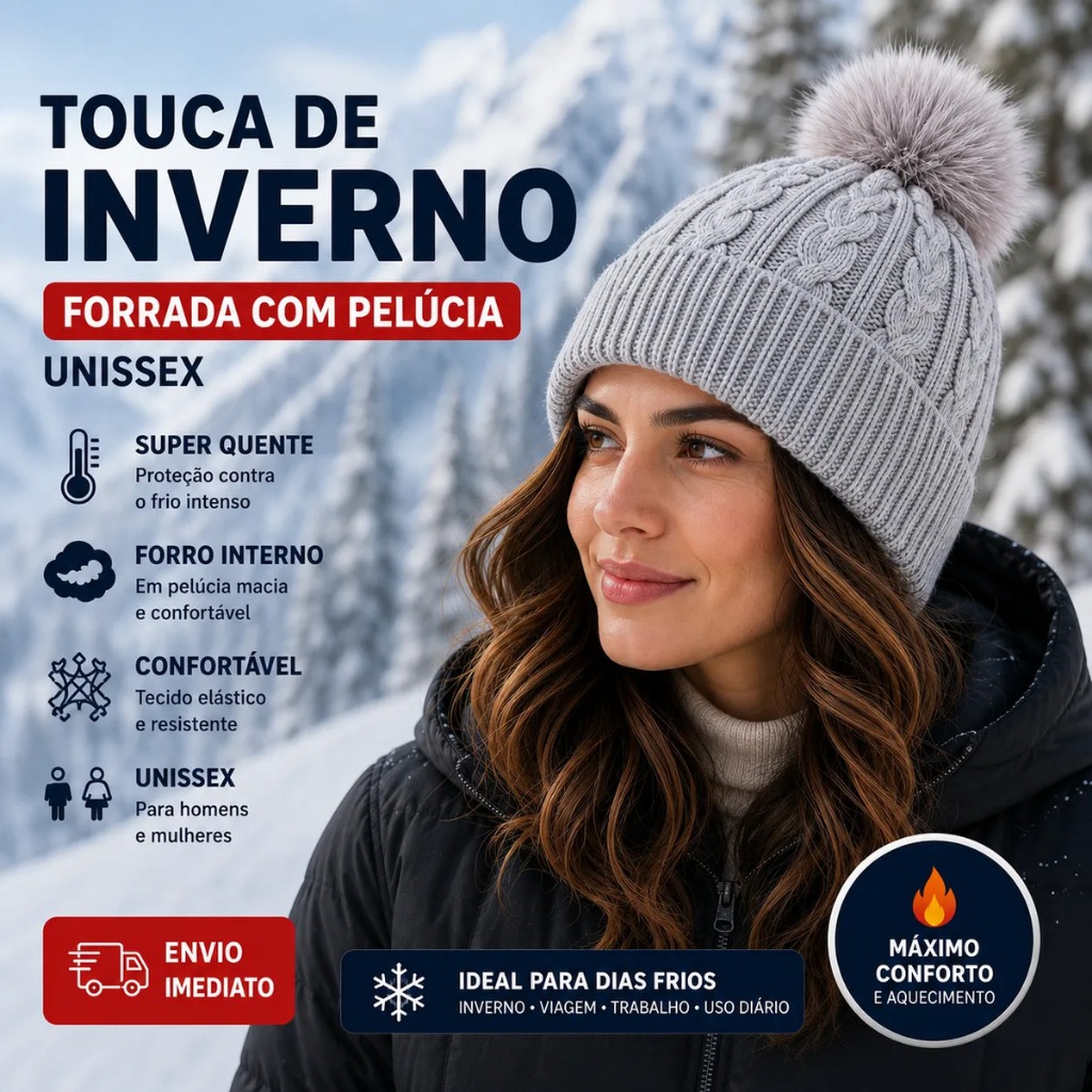 Touca Gorro PomPom Adulto Juvenil Forrada Com Veludo Por Dentro Preparada Para o Inverno