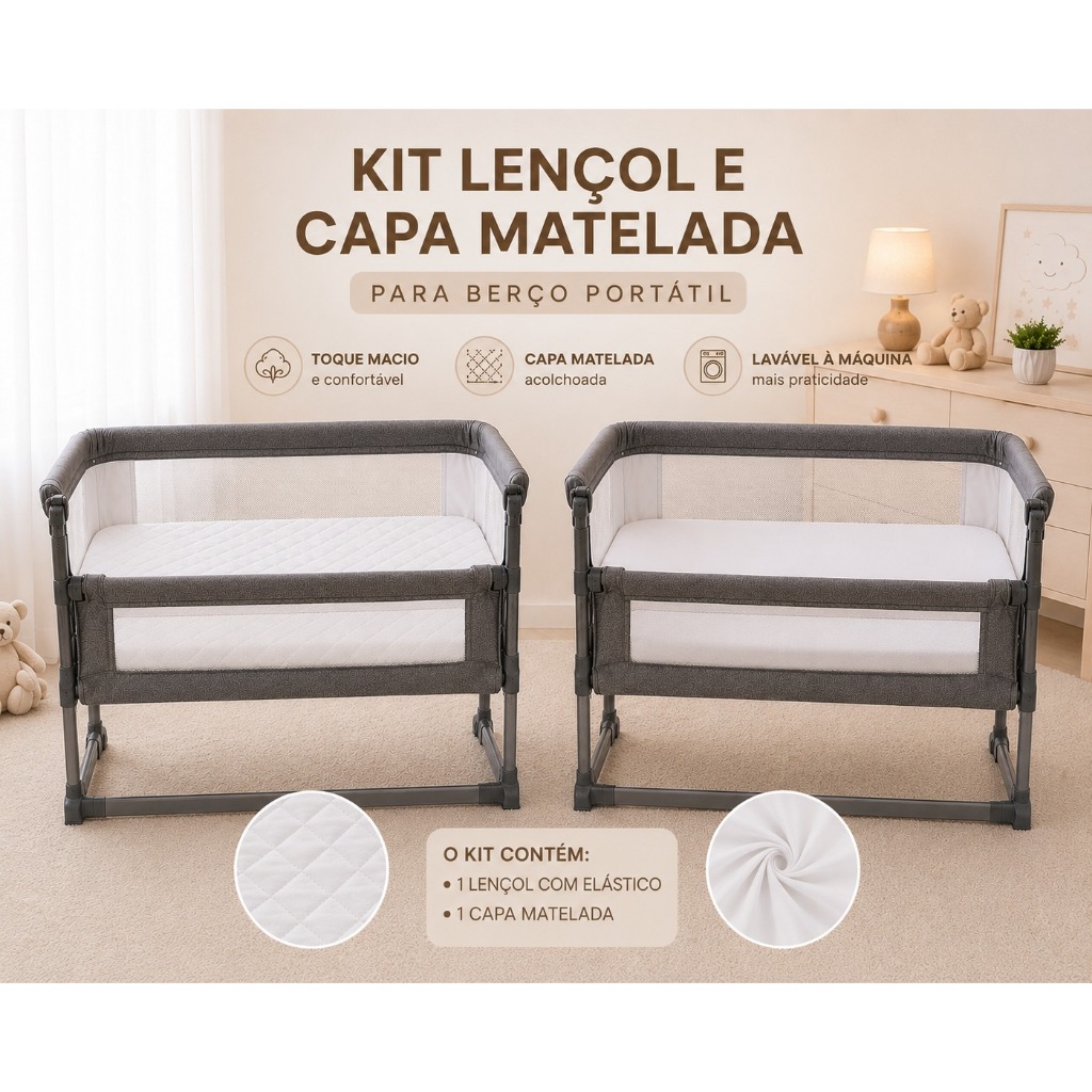 Kit  Lençol Algodão Berço Side by Side Lençol + Capa Matelada Impermeável Promoção