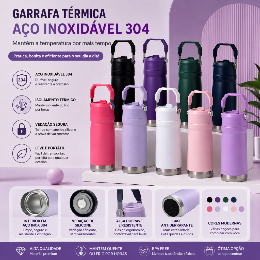 Garrafa Termica Inox 650ml Parede Dupla Conserva Frio e Quente Tampa Flip Canudo Alca Portatil Academia Viagem