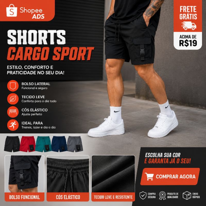 3 SHORTS CARGO DRYFIT SPORT Short Masculino Cargo Dry Fit Academia Praia Casual Bolso Lateral Elastano Premium