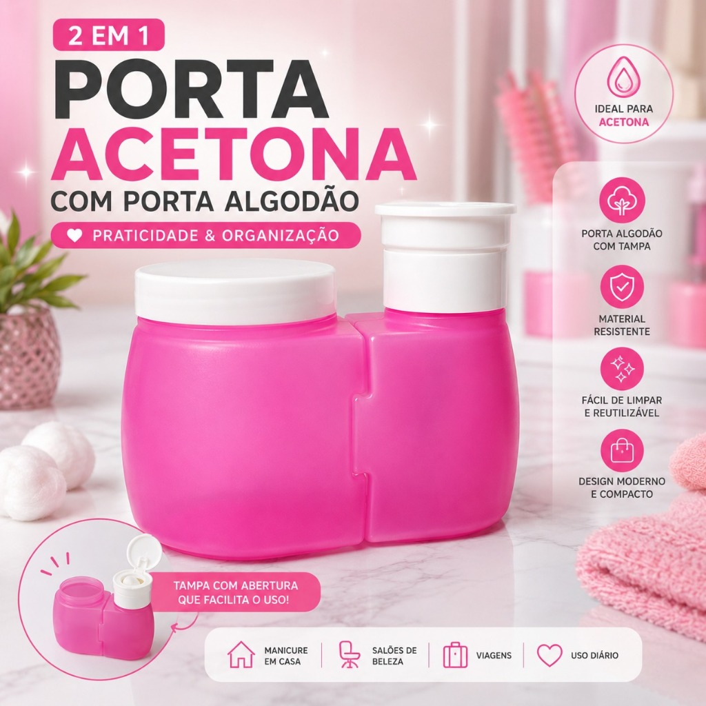 Frasco Dosador de Acetona com Porta Algodão - Kit 2 em 1 para Manicure e Pedicure