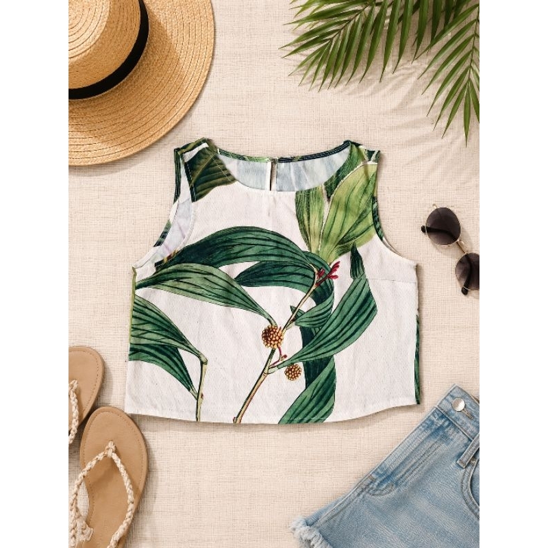 Cropped Floral Miroa Feminino Tamanho M Brechó Regata Verde Desapego Barato Blusa Curta Tropical Botânico Verão Casual