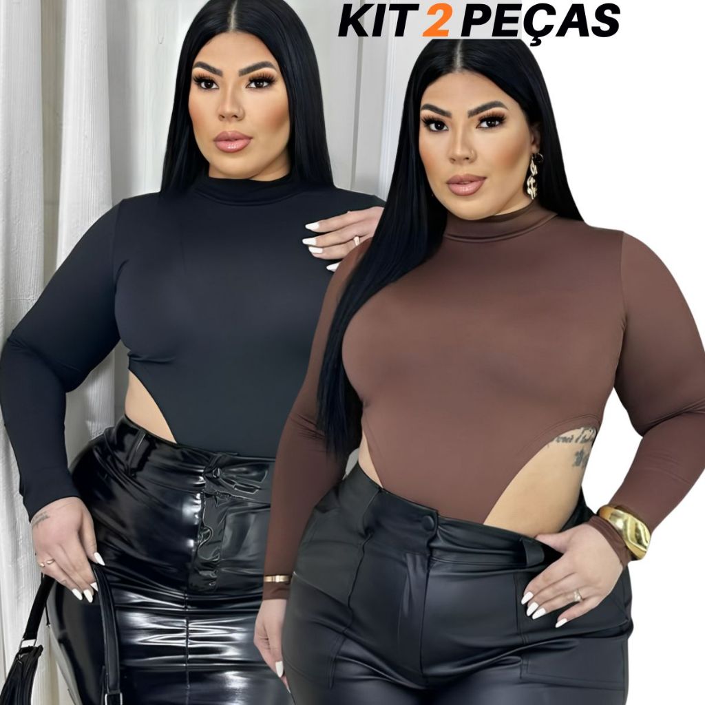 Kit 2 Body Feminino Manga Longa Plus Size Cavado Gola Alta Tecido Suplex Premiu Liso Sensual  Festa Noite Balada Eventos