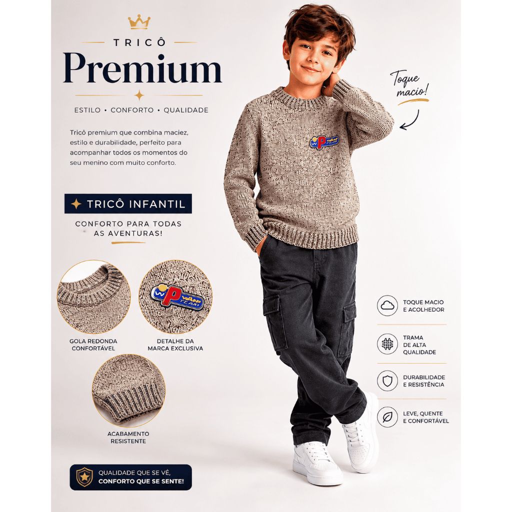 Tricô Infantil Premium Menino Inverno Casual Macio Confortável Elegante