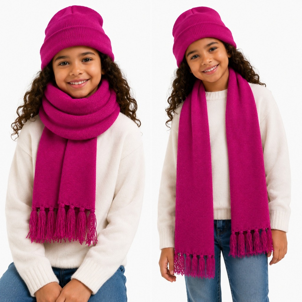 Kit Cachecol + Gorro Infantil Menina Rosa - Tricot Premium Quentinho Veste 4 Até 8 Anos