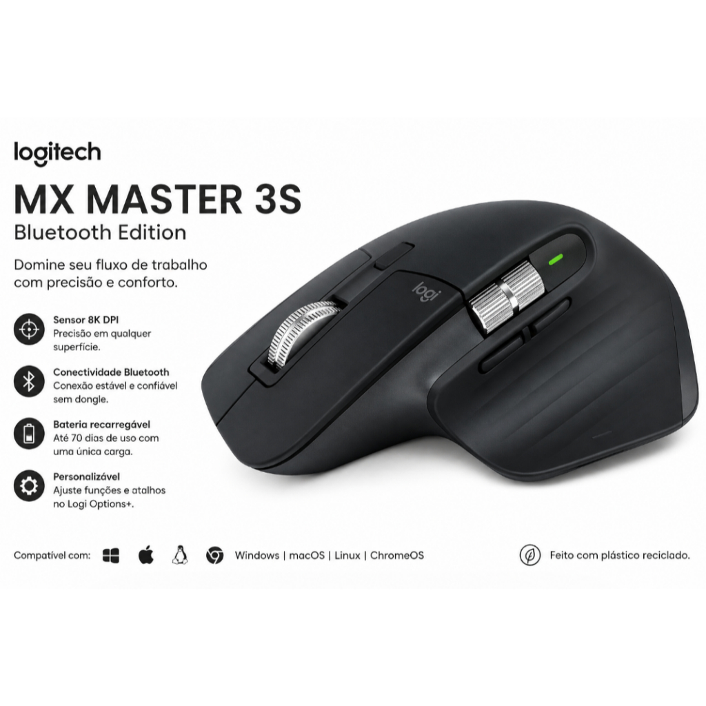 Mouse sem fio Logitech MX Master 3S Bluetooth